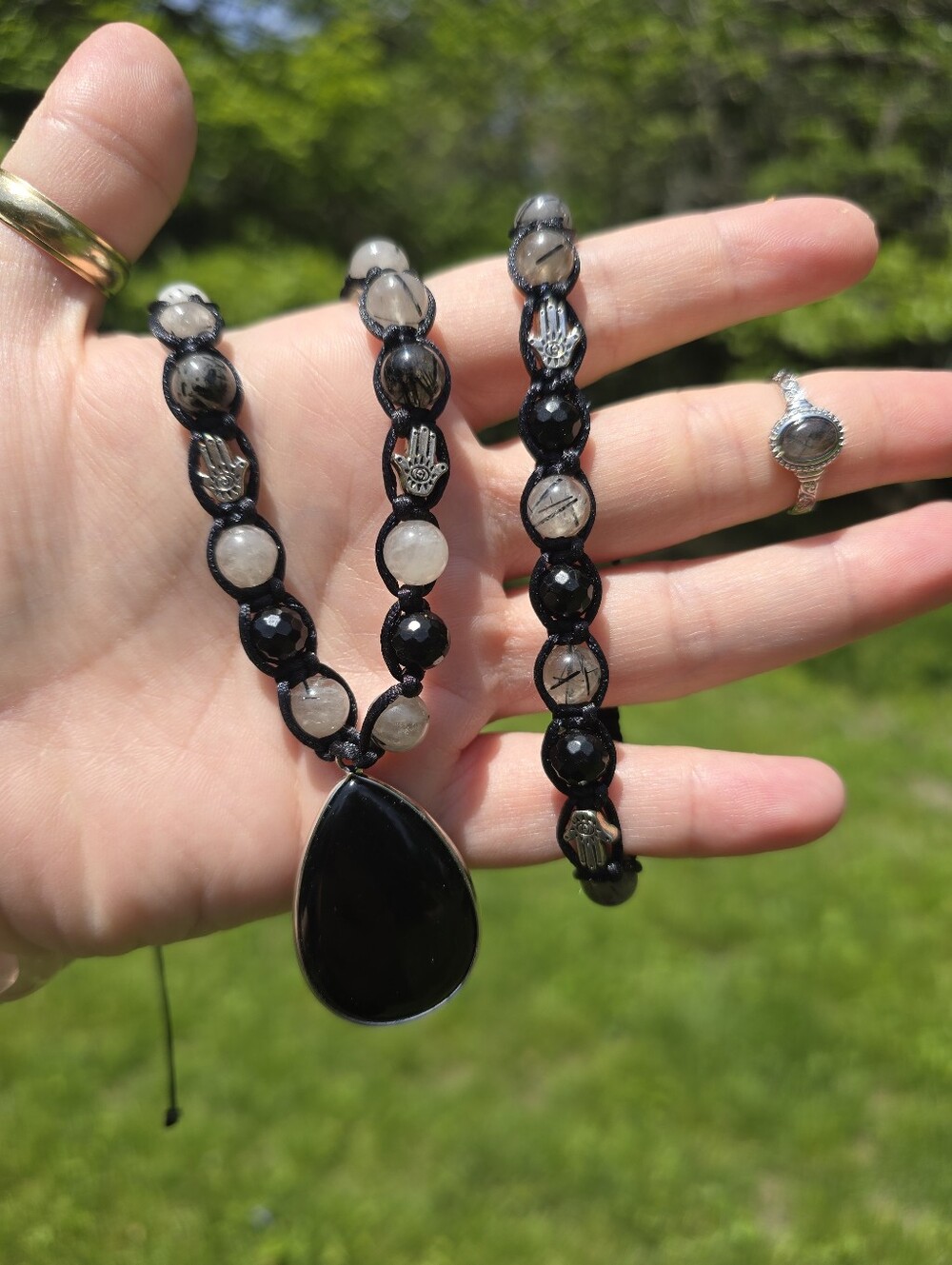 Artisan Macrame Black Tourmaline Rutile In Smokey Quartz And Obsidian With Hamsa